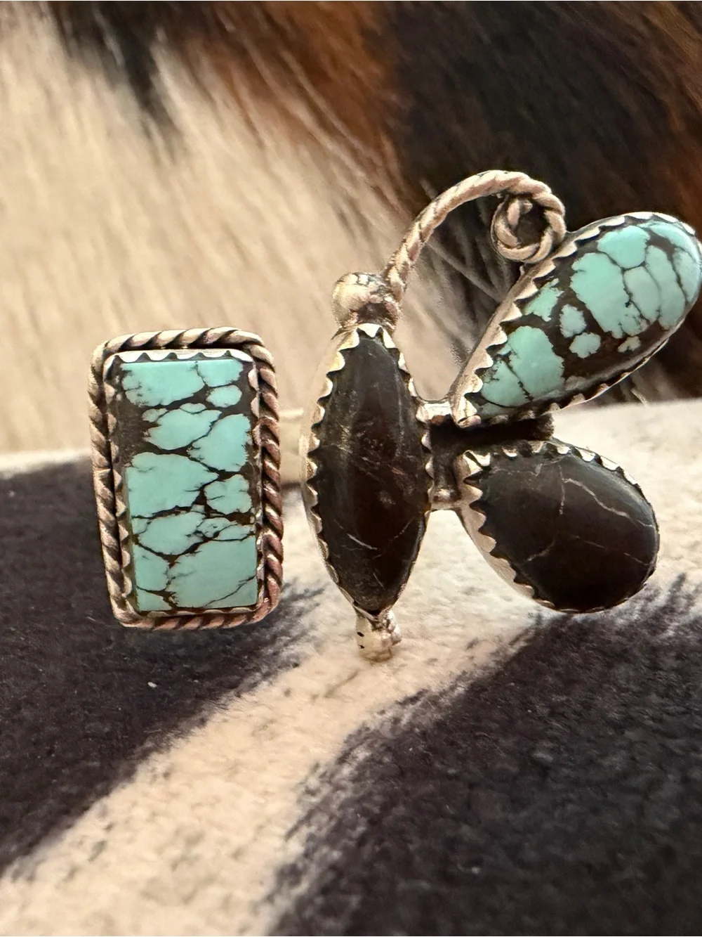 ❤️ Rare Blue Moon Butterfly Turquoise Sterling 925 Floater Ring Adjustable 7.5+